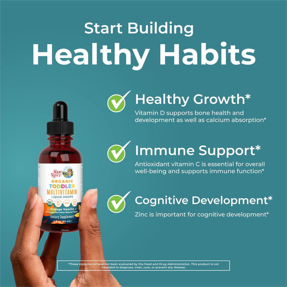 MaryRuth's Organics iron- and zinc-rich drops support general wellness in toddlers.