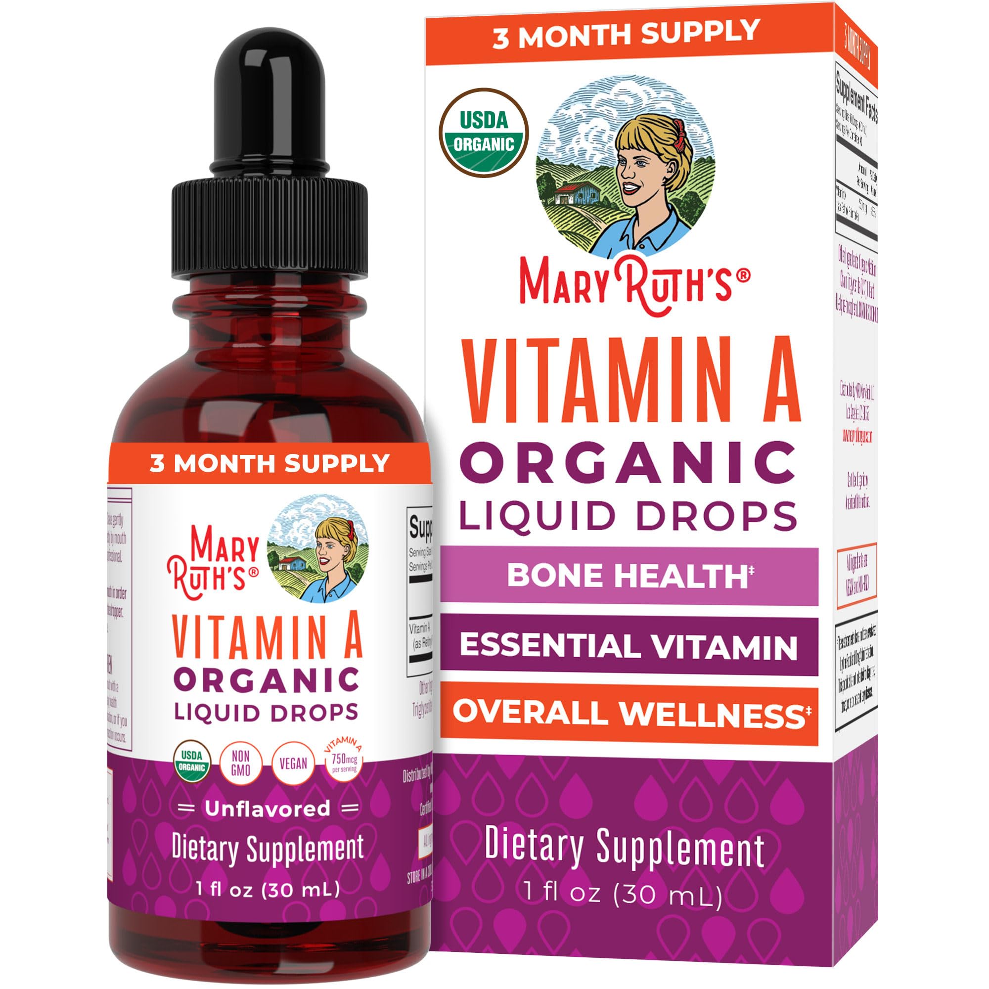 MaryRuth's Organics Vitamin A Drops bottle on kitchen counter for daily supplementation