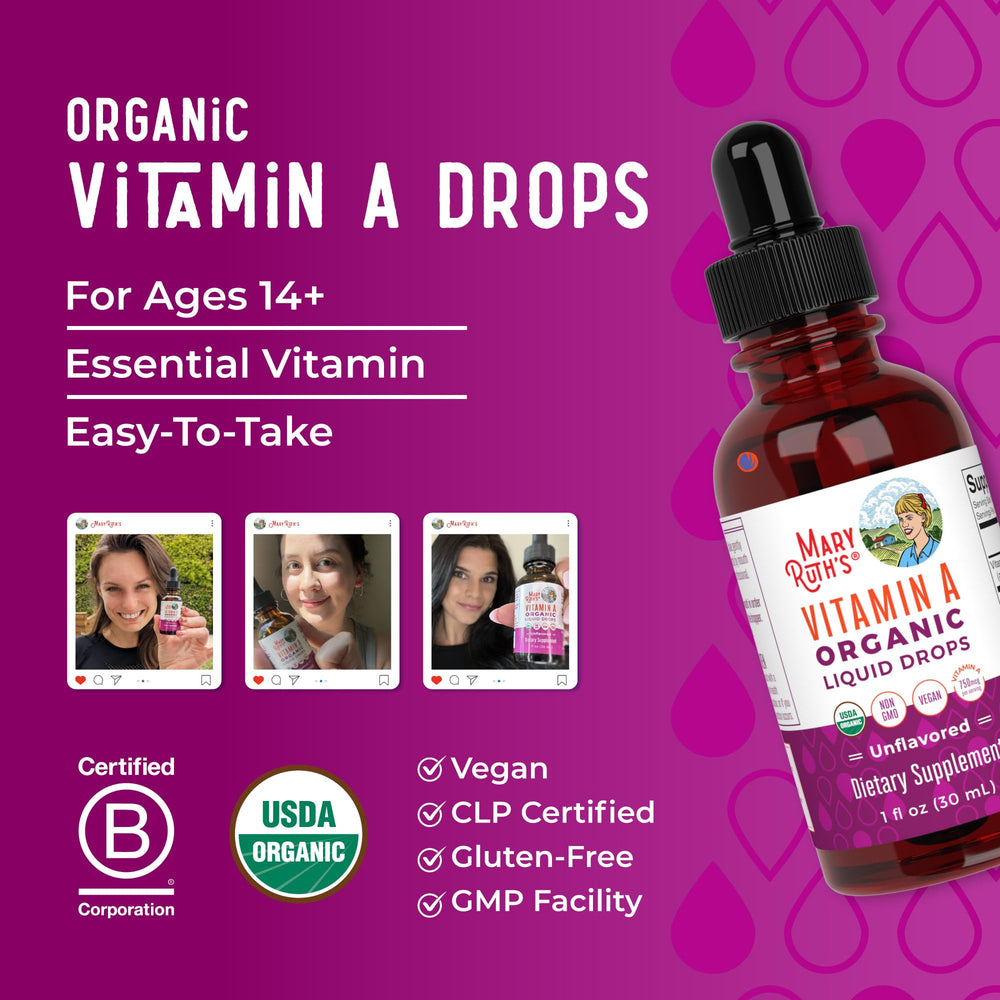 MaryRuth's Organics Vitamin A Drops with GMP facility badge