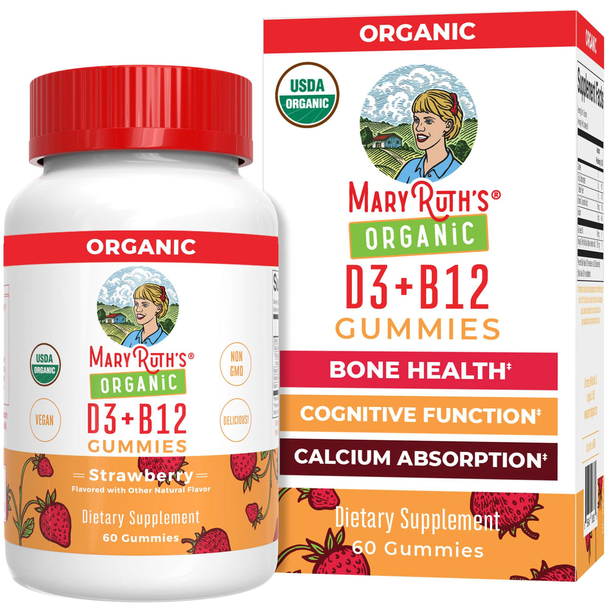 MaryRuth's Vitamin D3 B12 gummies bottle close-up showing a tasty daily supplement