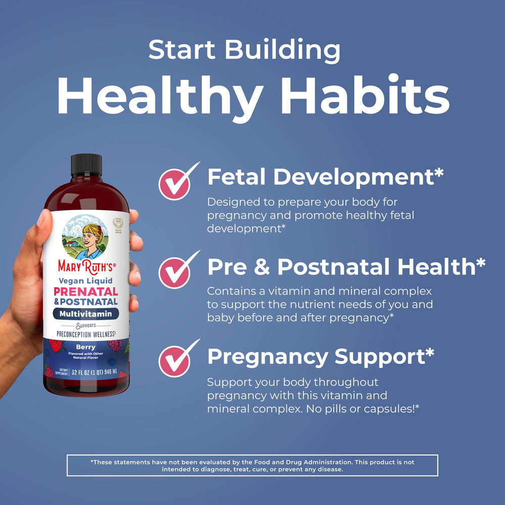 MARYRUTH'S prenatal bottle label highlights vegan, non-GMO, and gluten-free features.