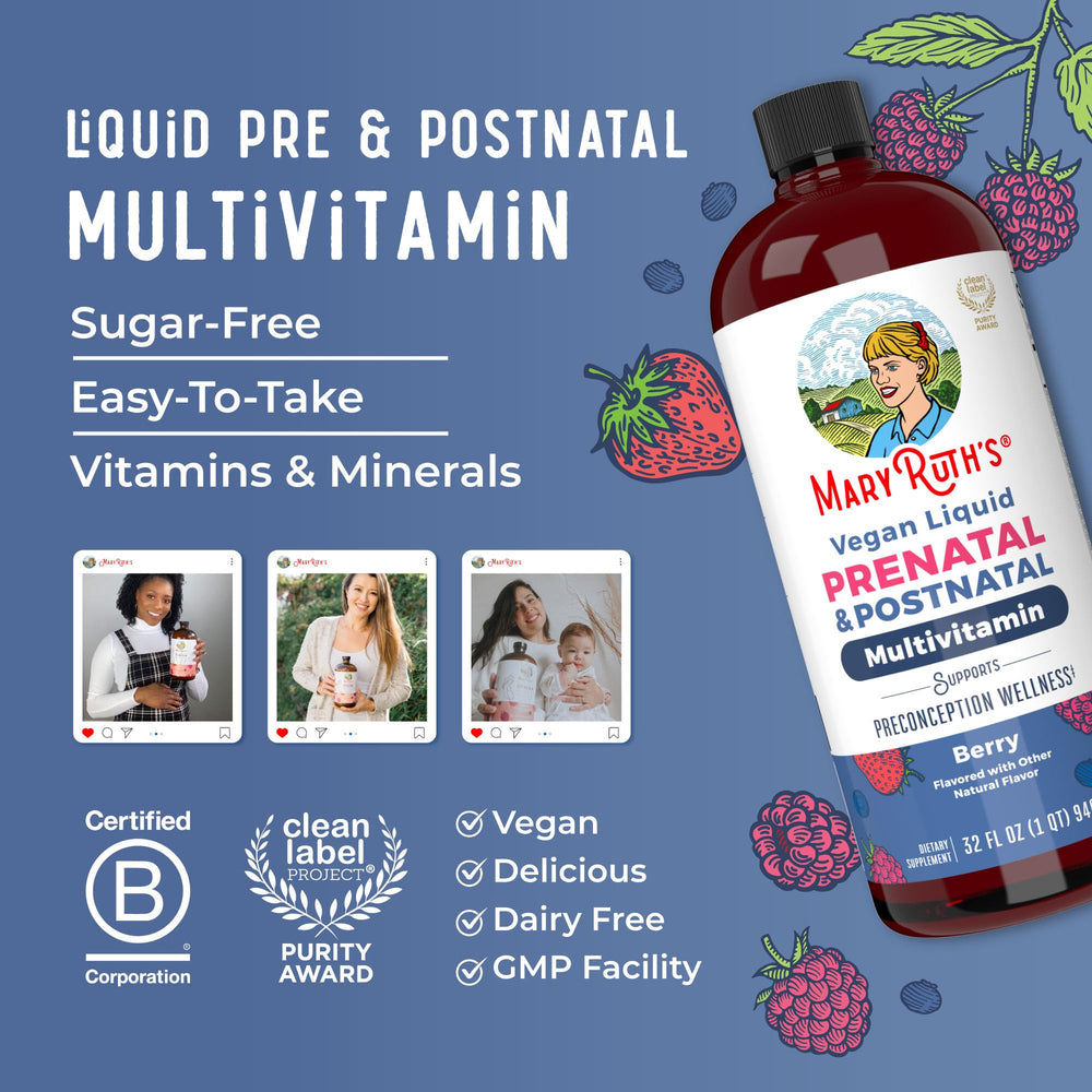 MARYRUTH'S prenatal bottle with Clean Label Project certification seals quality.