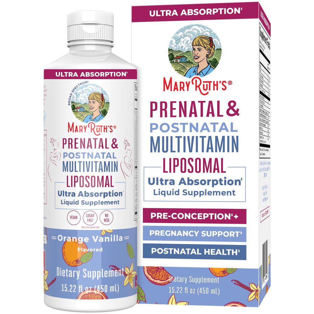 MaryRuth's Prenatal Postnatal Liposomal bottle on kitchen counter for daily support.