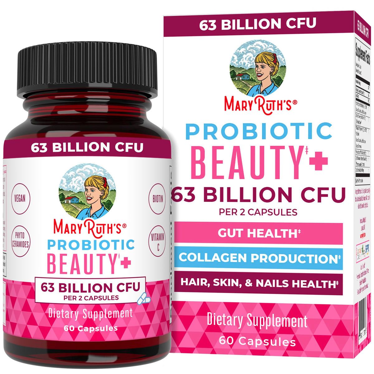 MaryRuth's Probiotic Beauty capsules bottle for vegan skin and gut support.