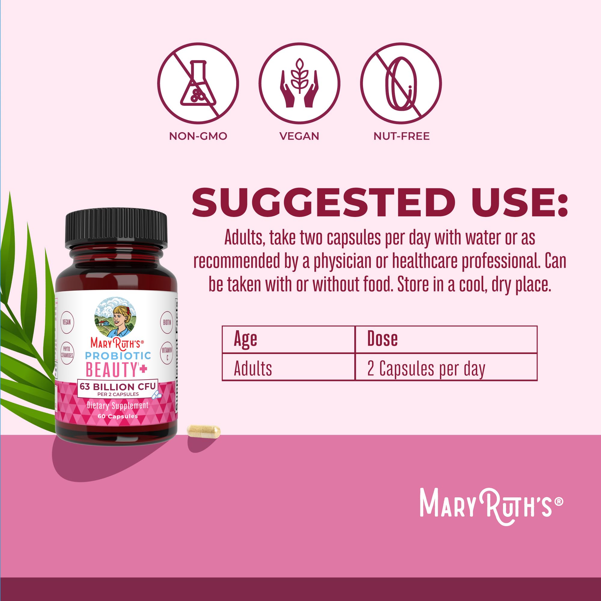 MaryRuth's Probiotic Beauty capsules capsules inside a bottle.
