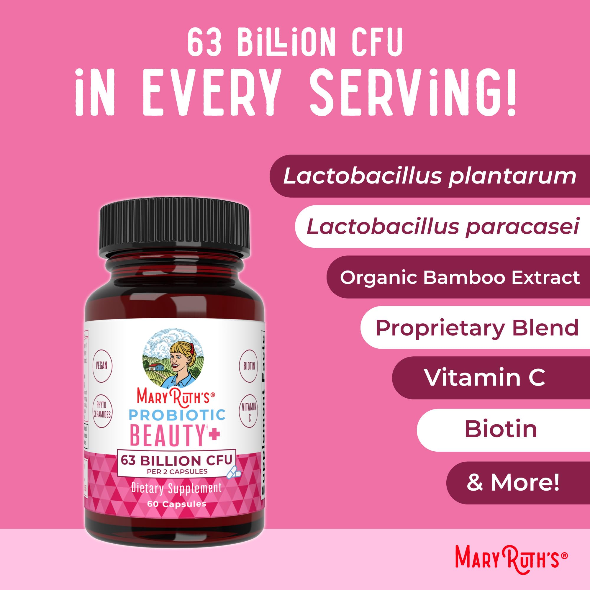MaryRuth's Probiotic Beauty capsules ingredients panel with key nutrients.