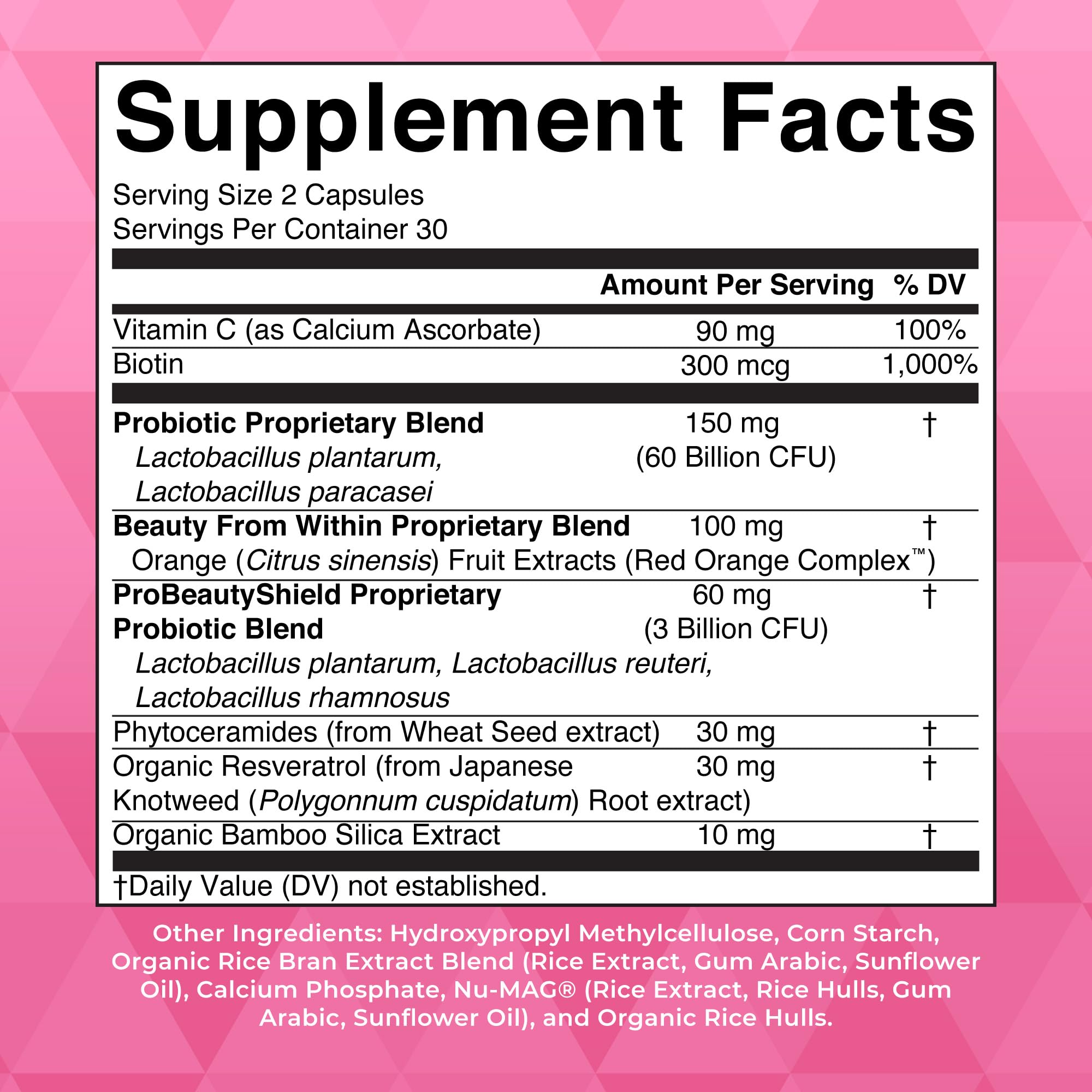 MaryRuth's Probiotic Beauty capsules label closeup highlighting vegan ingredients.