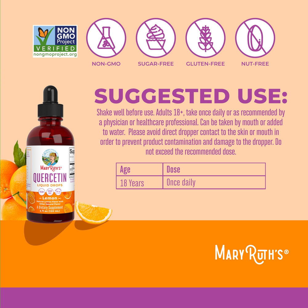 MaryRuth's Quercetin Drops label highlighting vegan and non-GMO certifications.