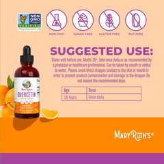 MaryRuth's Quercetin Drops label highlighting vegan and non-GMO certifications.