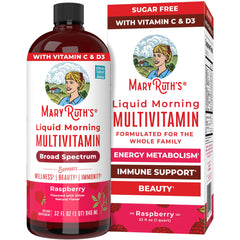 MaryRuth's Raspberry liquid multivitamin bottle shows easy daily dosing for the family