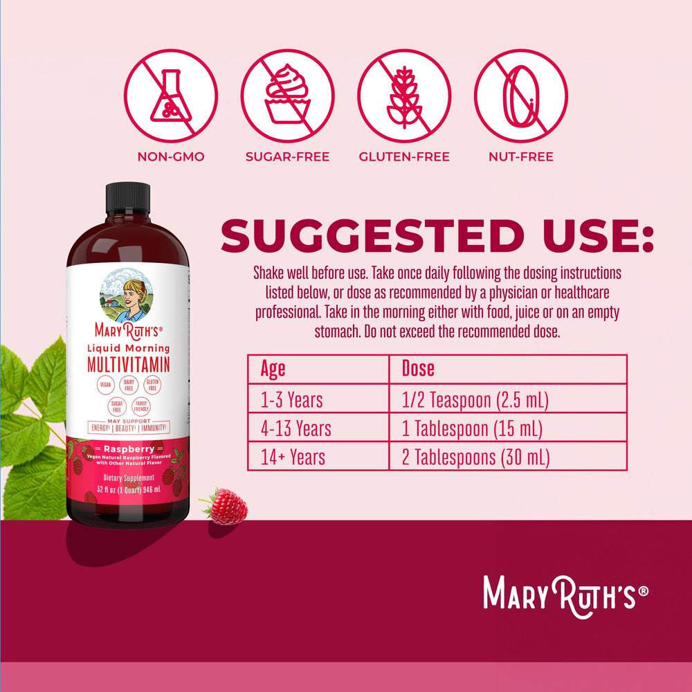 MaryRuth's Raspberry liquid multivitamin daily-dose in a bottle for easy routine