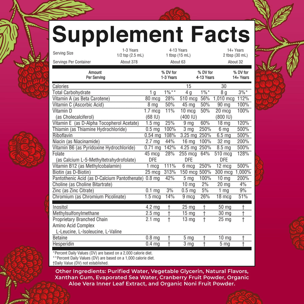 MaryRuth's Raspberry liquid multivitamin pour demonstrates a smooth, kid-friendly intake
