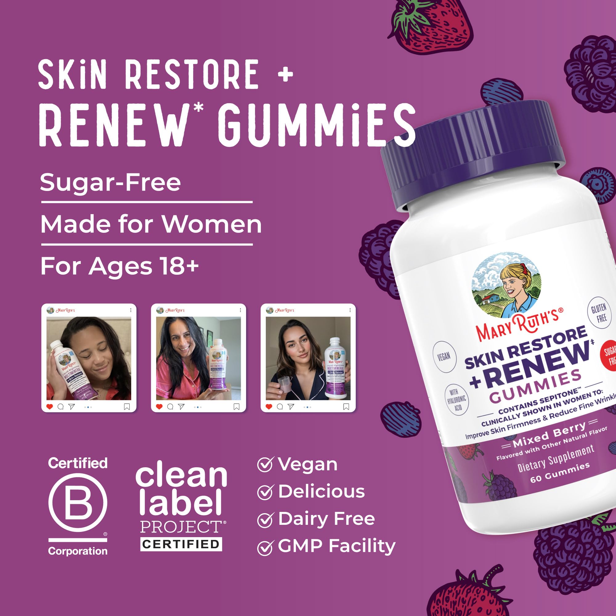 MaryRuth's Skin Restore + Renew vegan gummies packaging emphasizes clean ingredients