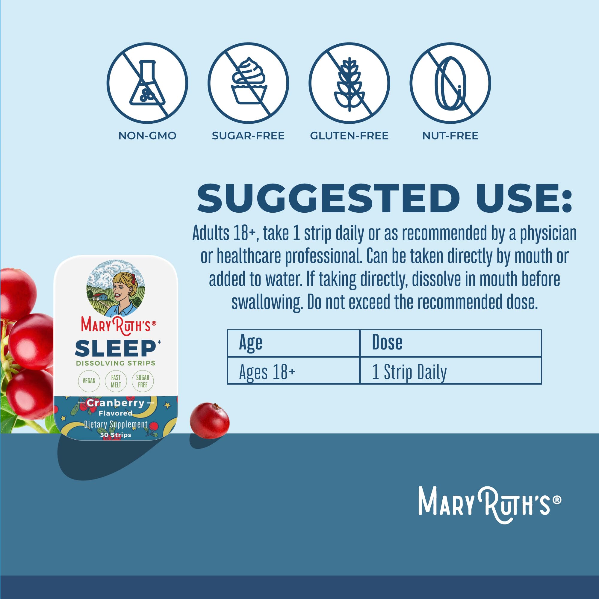 MaryRuth's Sleep Dissolving Strip cranberry flavor close-up enhances taste during wind-down.