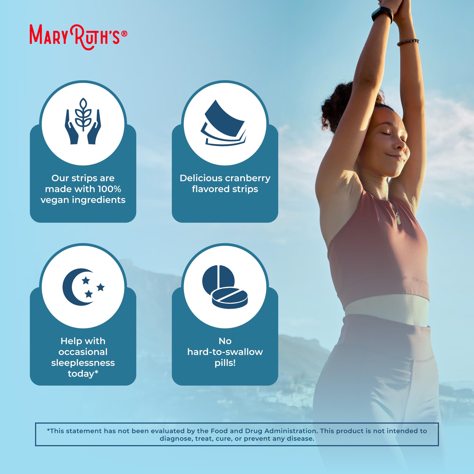 MaryRuth's Sleep Dissolving Strip ingredients view highlights vegan and allergen-free formula.