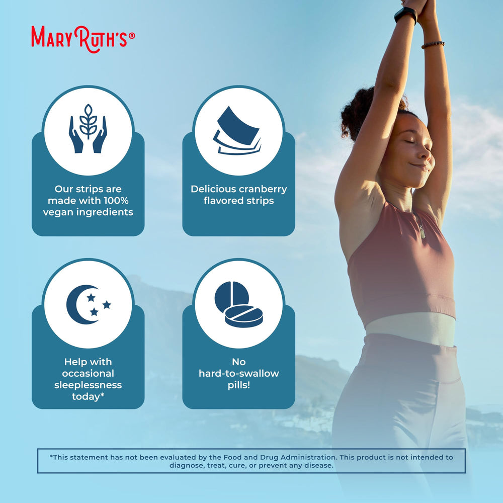 MaryRuth's Sleep Dissolving Strip ingredients view highlights vegan and allergen-free formula.