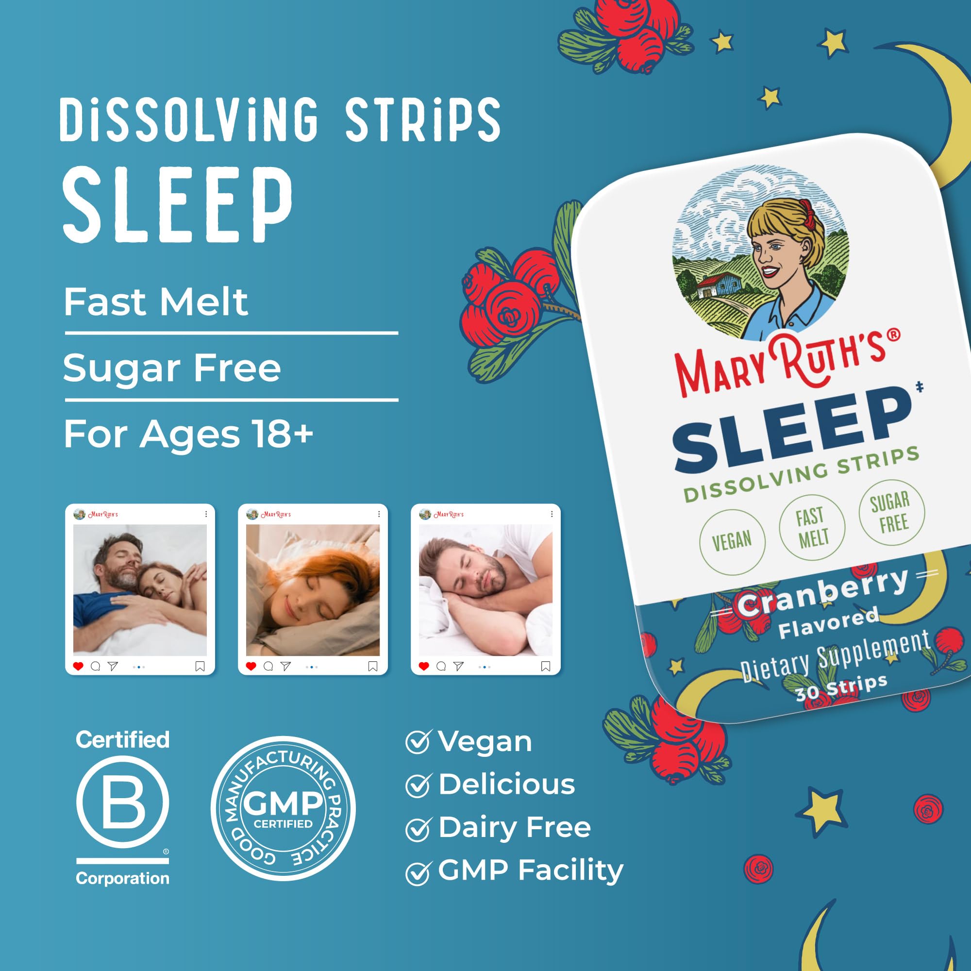 MaryRuth's Sleep Dissolving Strip nightstand scene suggests simple bedtime routine.