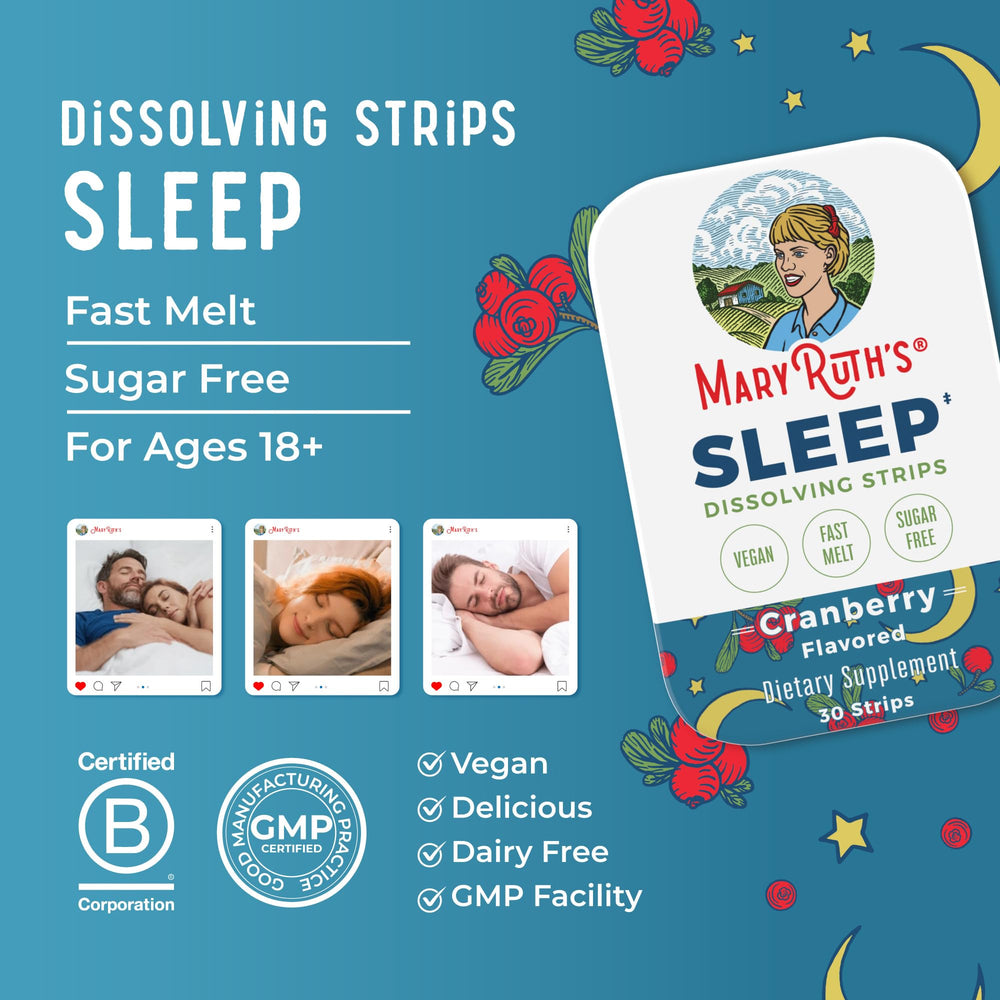 MaryRuth's Sleep Dissolving Strip nightstand scene suggests simple bedtime routine.
