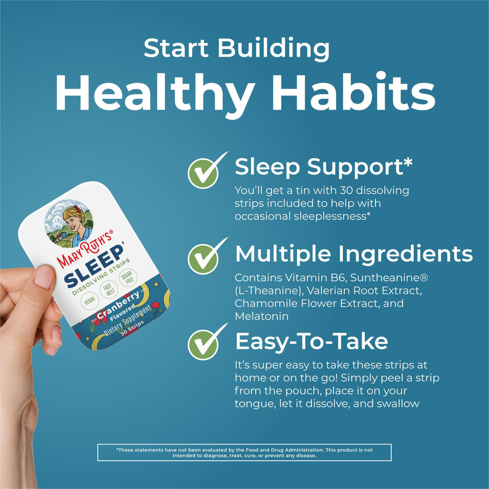 MaryRuth's Sleep Dissolving Strip with water shows easy consumption anywhere.