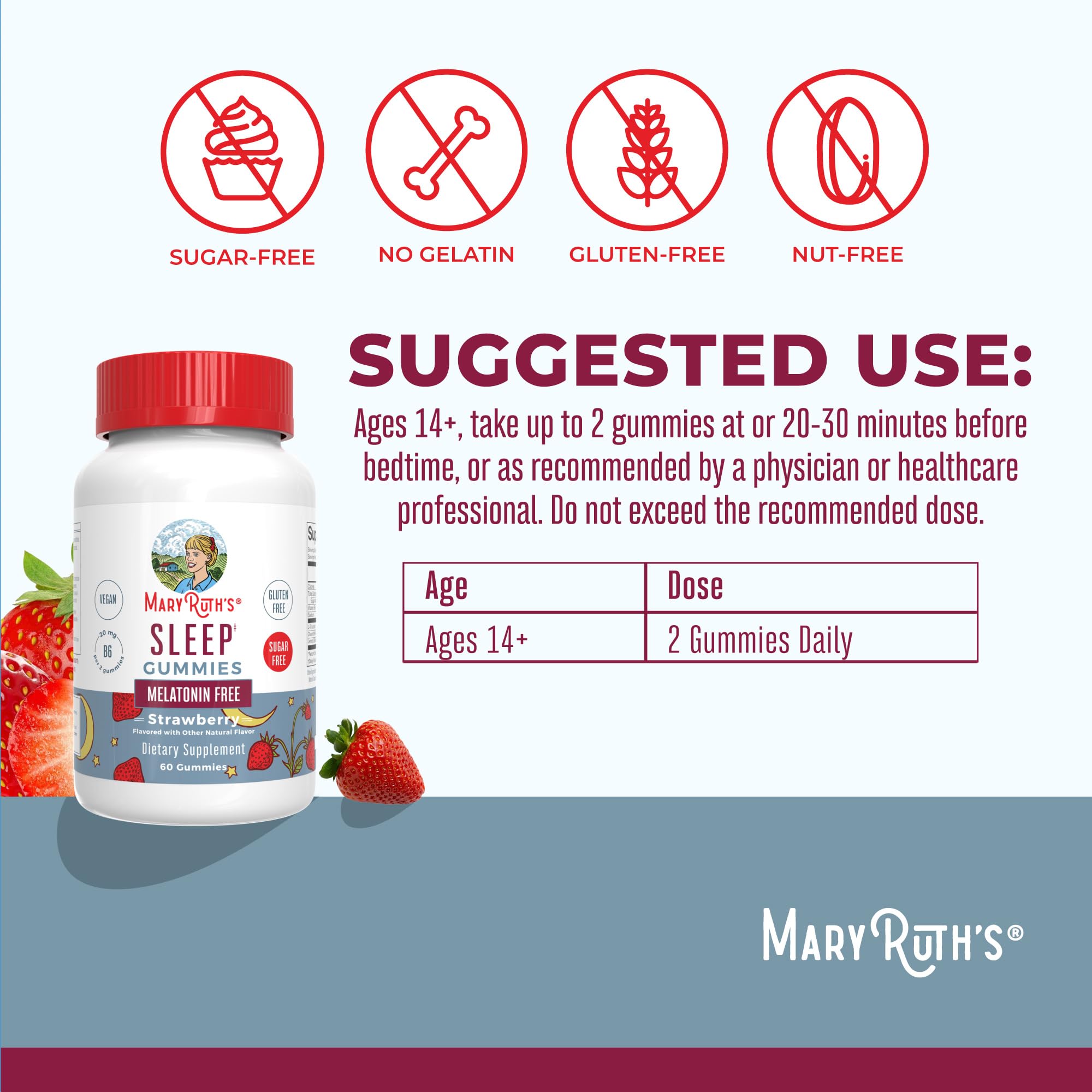 MARYRUTH'S Sleep Gummies bottle side angle emphasizes non-melatonin nighttime option.