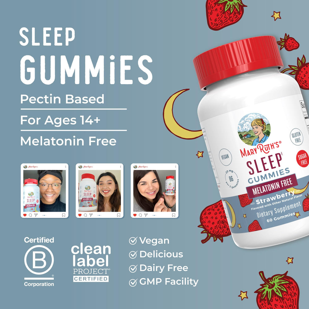 MARYRUTH'S Sleep Gummies lemon balm and chamomile closeup illustrate calming botanicals.