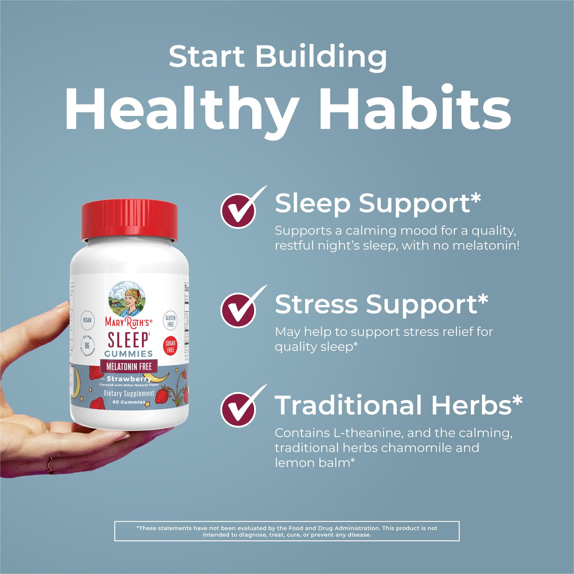 MARYRUTH'S Sleep Gummies non-GMO badge conveys clean ingredients.