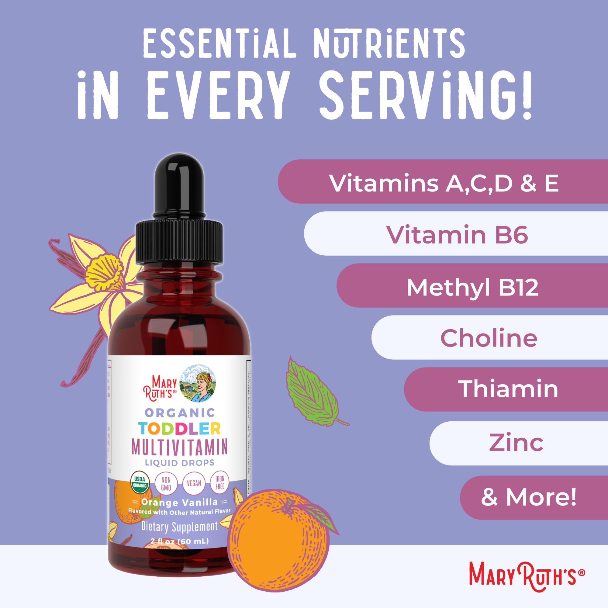 MaryRuth's Toddler Multivitamin packaging indicates dairy-free and gluten-free options.