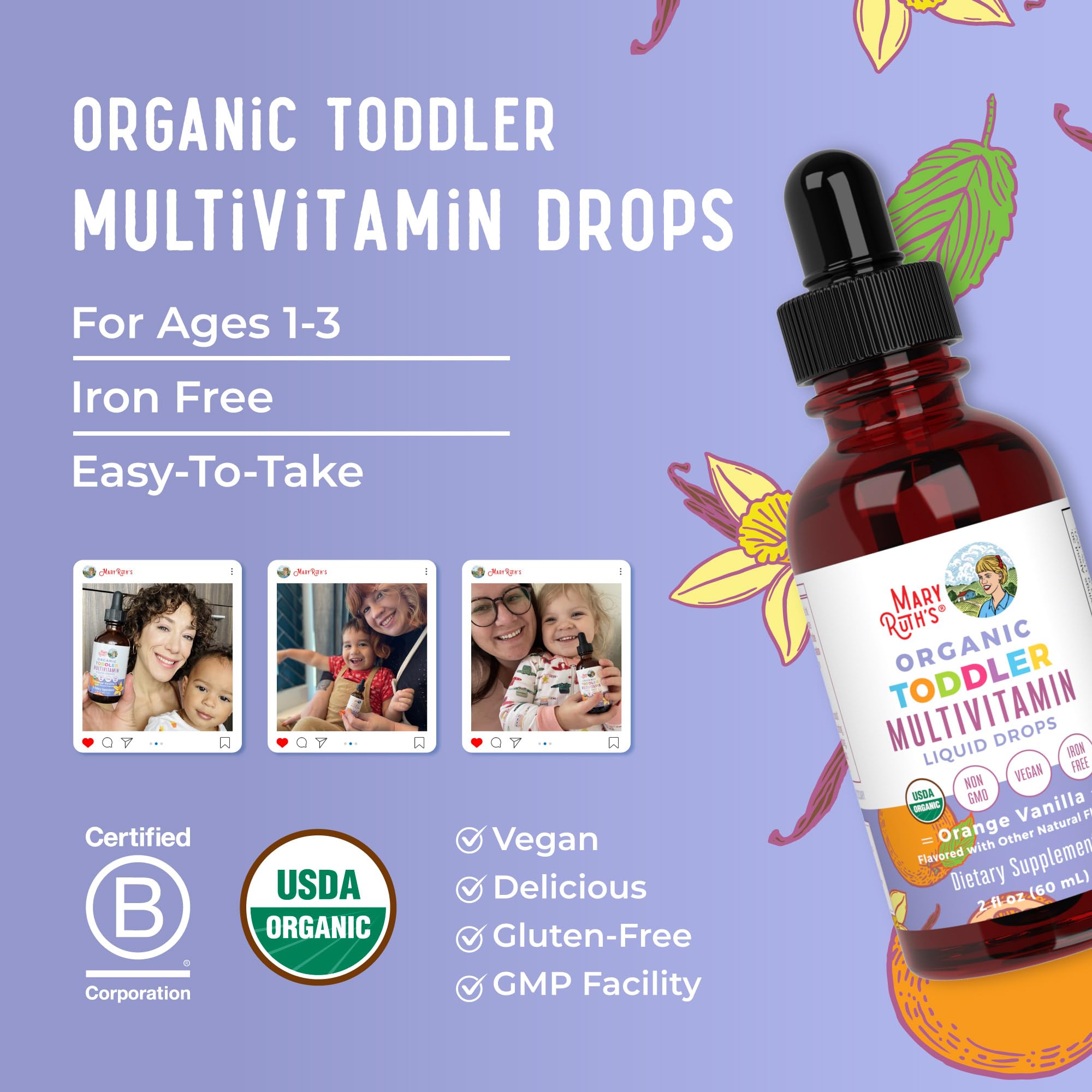 MaryRuth's Toddler Multivitamin label shows nut-free and sugar-free ingredients.
