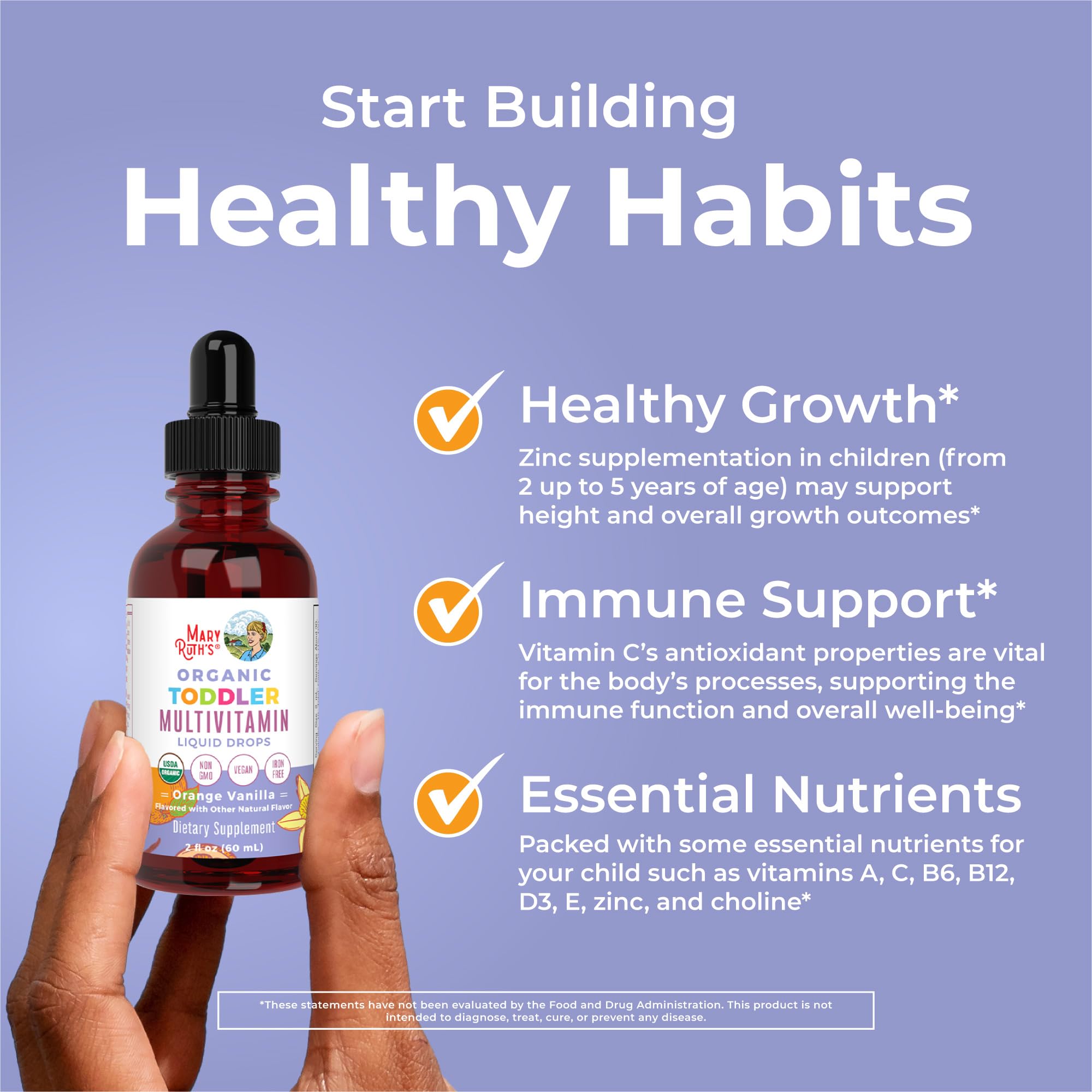 MaryRuth's Toddler Multivitamin bottle featuring vegan formula for plant-based nutrition.