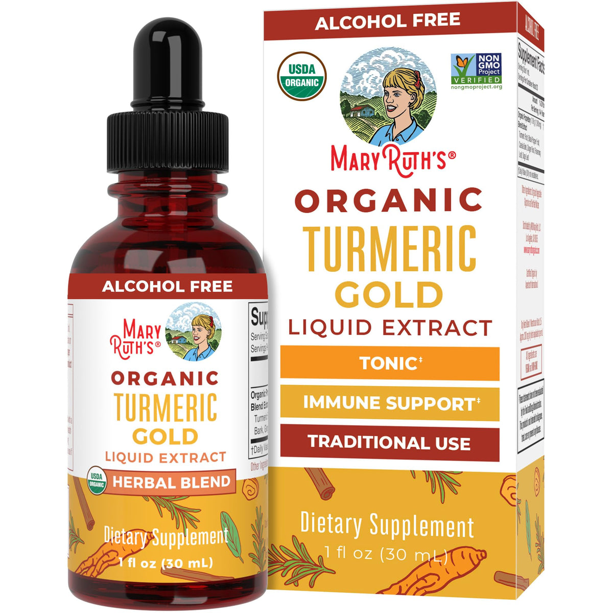 MaryRuth's Turmeric Gold bottle front view for daily wellness
