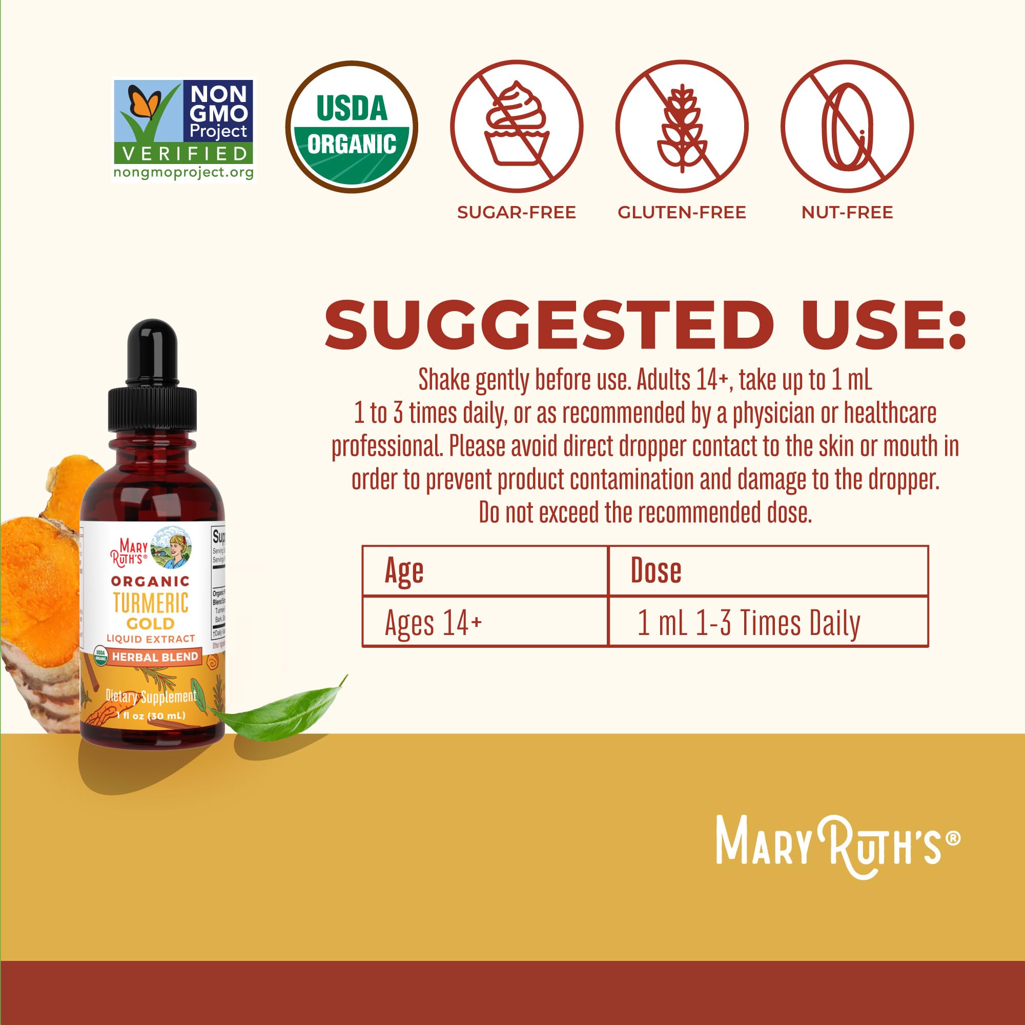 MaryRuth's Turmeric Gold packaging highlights vegan and non-GMO badges