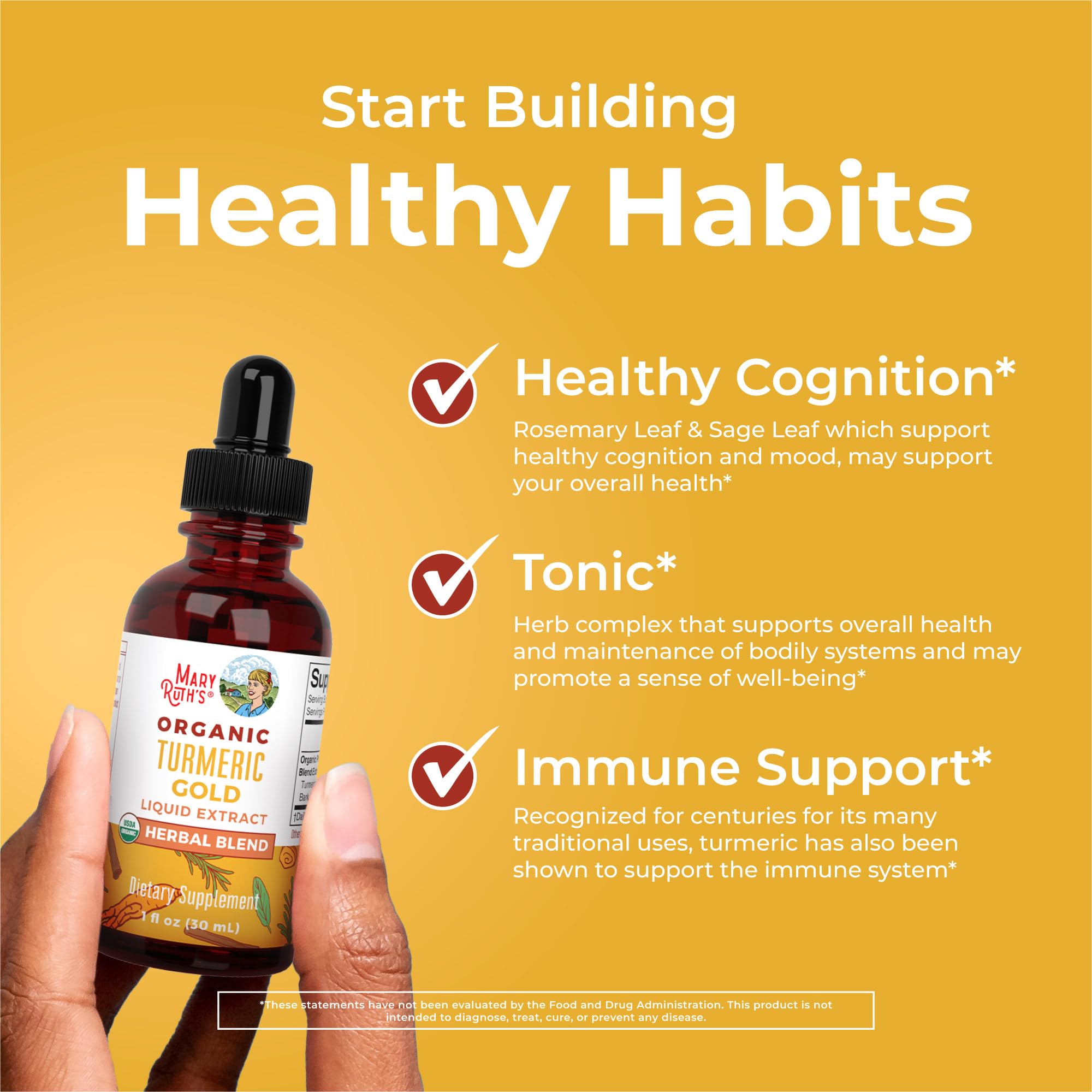 MaryRuth's Turmeric Gold drops pouring into a glass for easy dosing