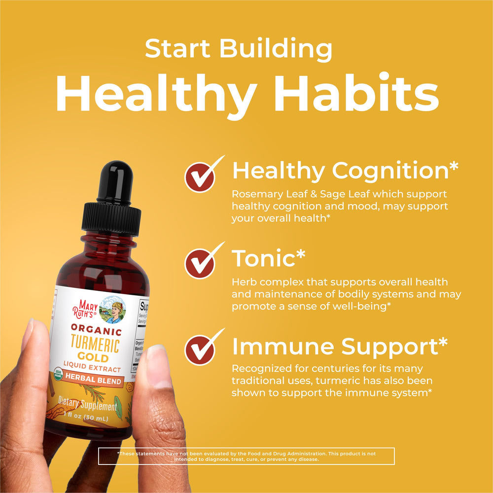 MaryRuth's Turmeric Gold drops pouring into a glass for easy dosing