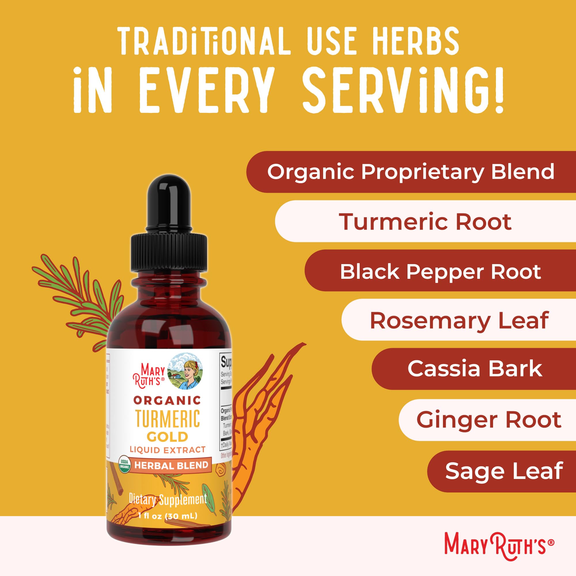 MaryRuth's Turmeric Gold clean label and certifications visible on the bottle