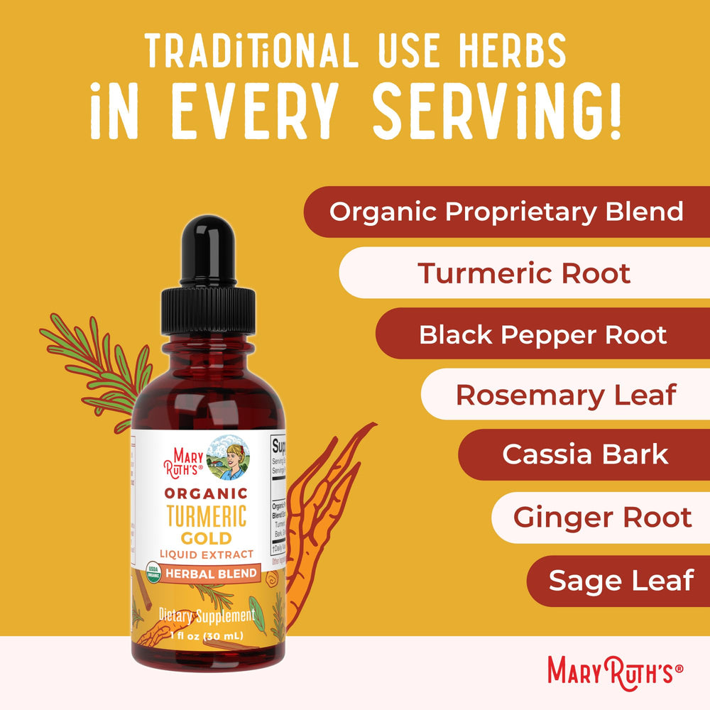 MaryRuth's Turmeric Gold clean label and certifications visible on the bottle