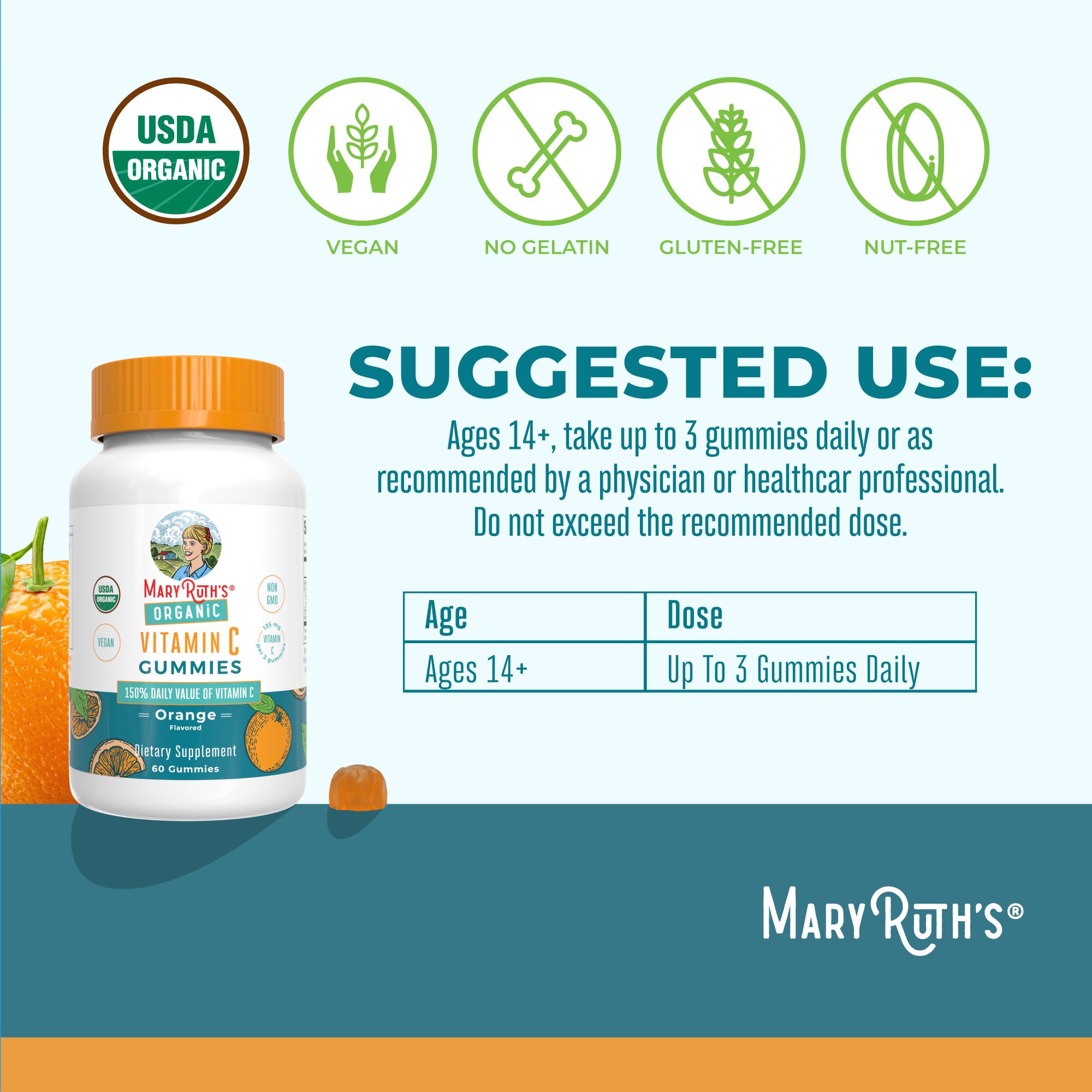 MaryRuth's USDA Organic label on gummies packaging for clean, trusted ingredients.