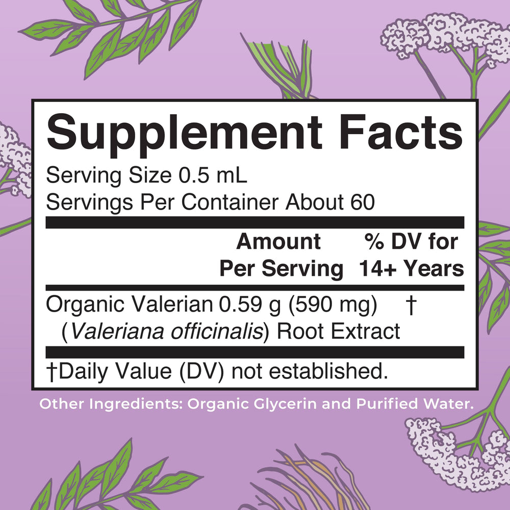 MARYRUTH'S valerian liquid drops dropper dispensing measured doses at bedtime
