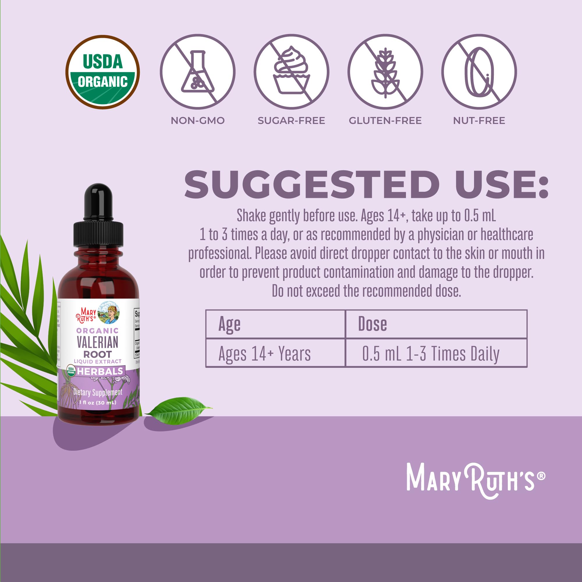 MARYRUTH'S valerian liquid drops label-front shows organic, vegan, and sugar-free credentials