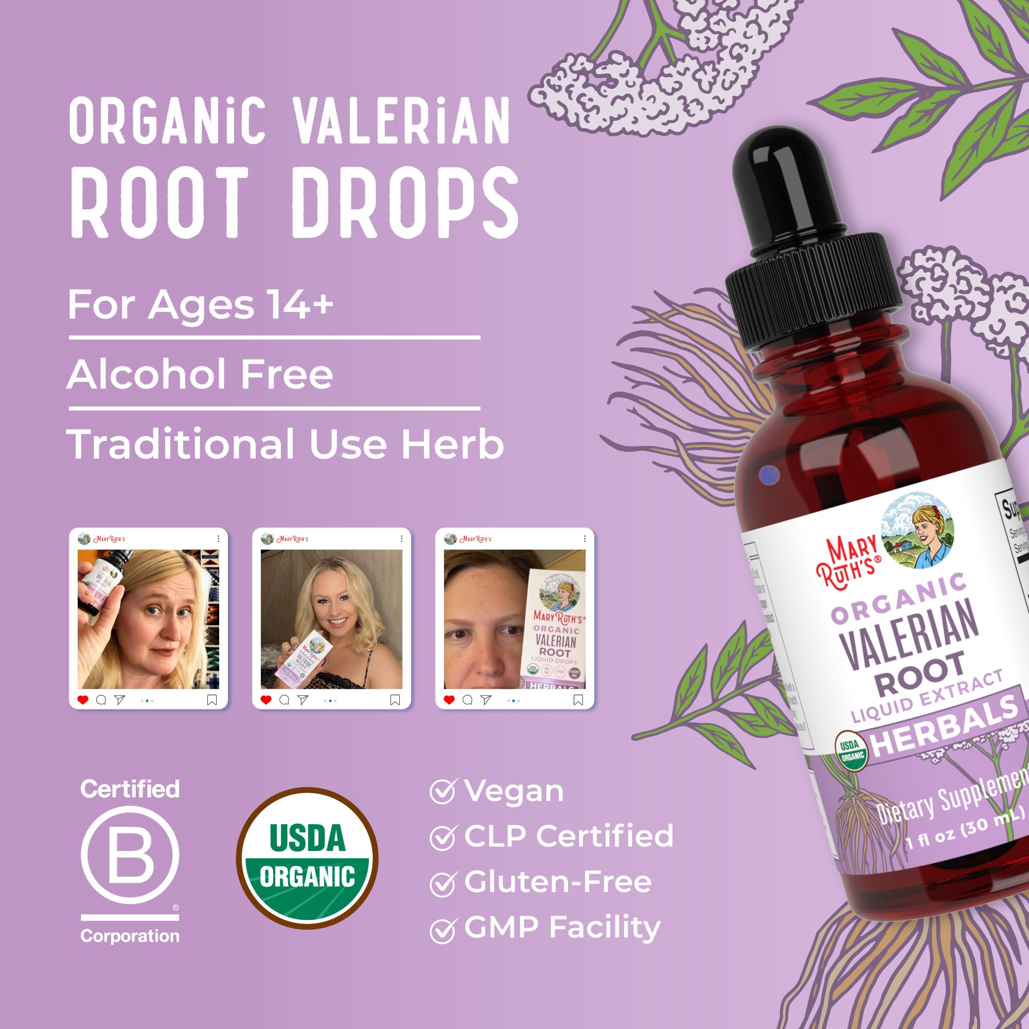 MARYRUTH'S valerian liquid drops non-GMO label reflects transparency and clarity