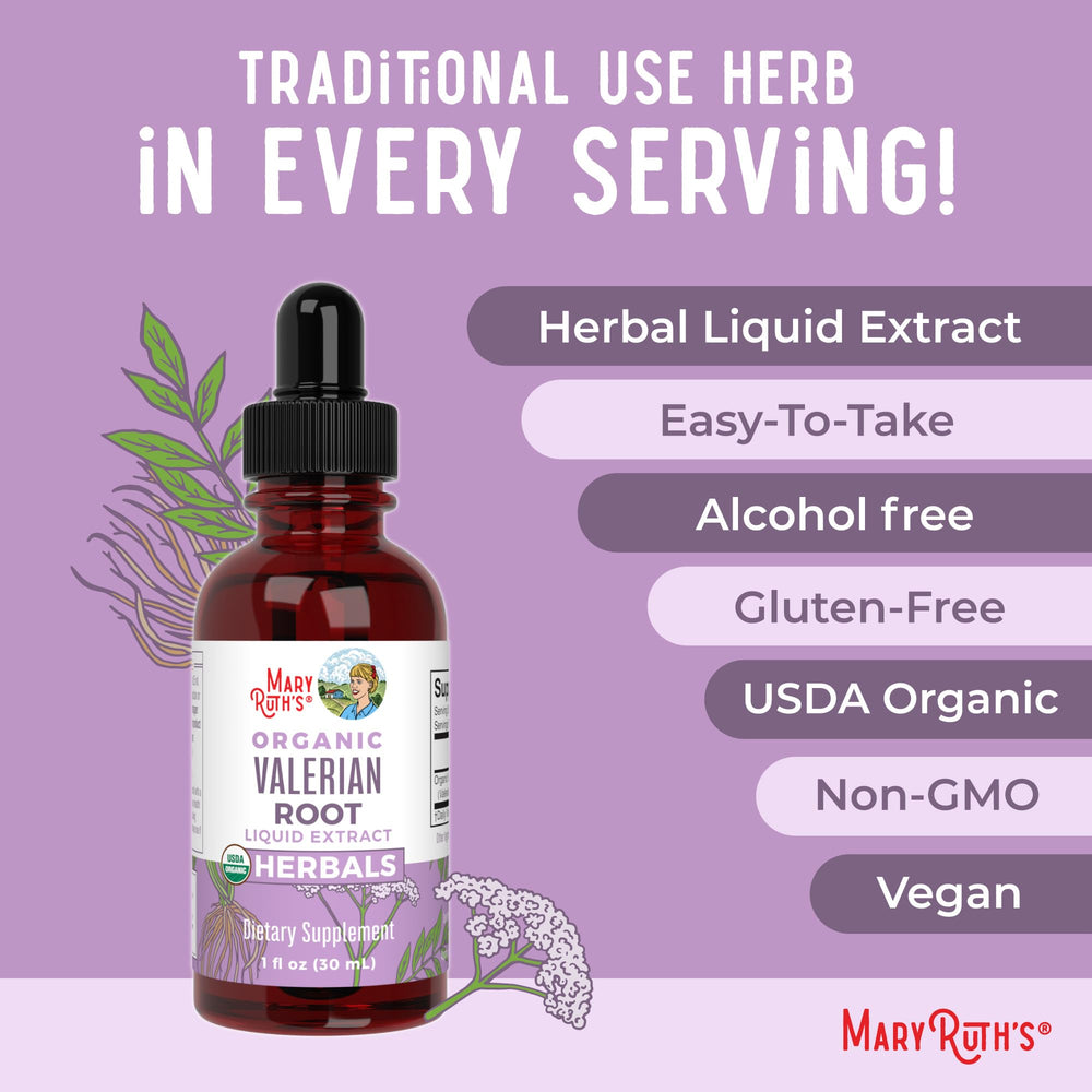 MARYRUTH'S valerian liquid drops organic certification on label, supporting trusted ingredients