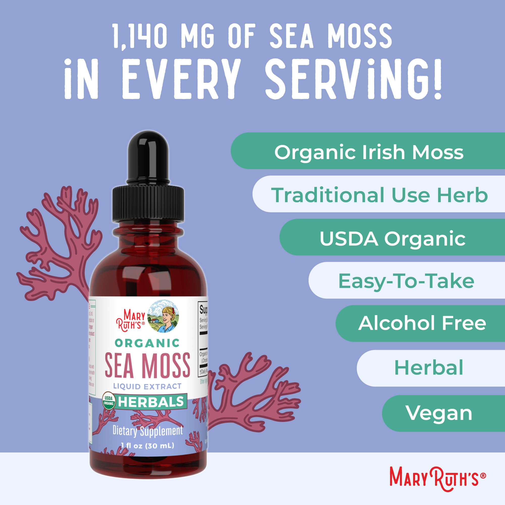 MARYRUTH'S Sea Moss Drops vegan, non-GMO formula visual