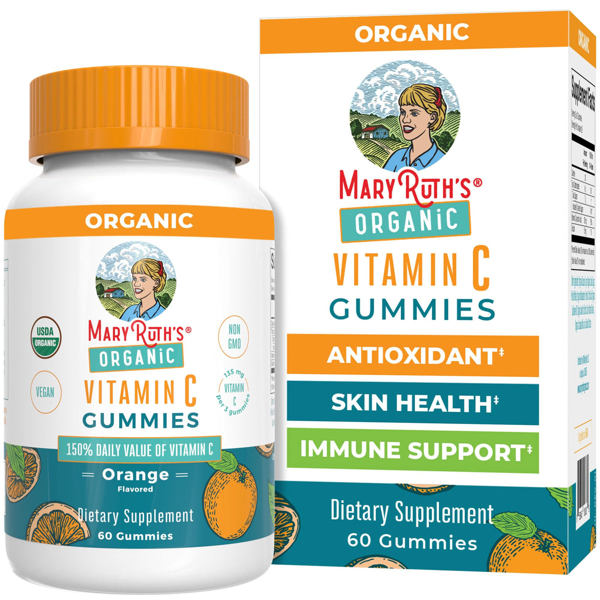 MaryRuth's Vitamin C gummies bottle showing organic orange flavor for daily immune support.