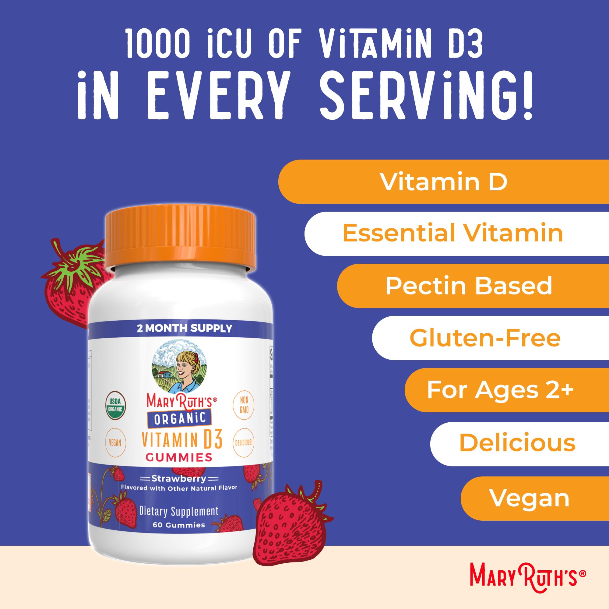 MaryRuth's Vitamin D3 Gummies ingredients panel highlighting vegan and gluten-free