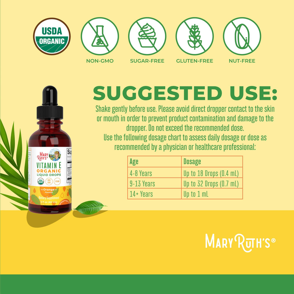 Label shows USDA Organic and vegan formula for Vitamin E Drops.