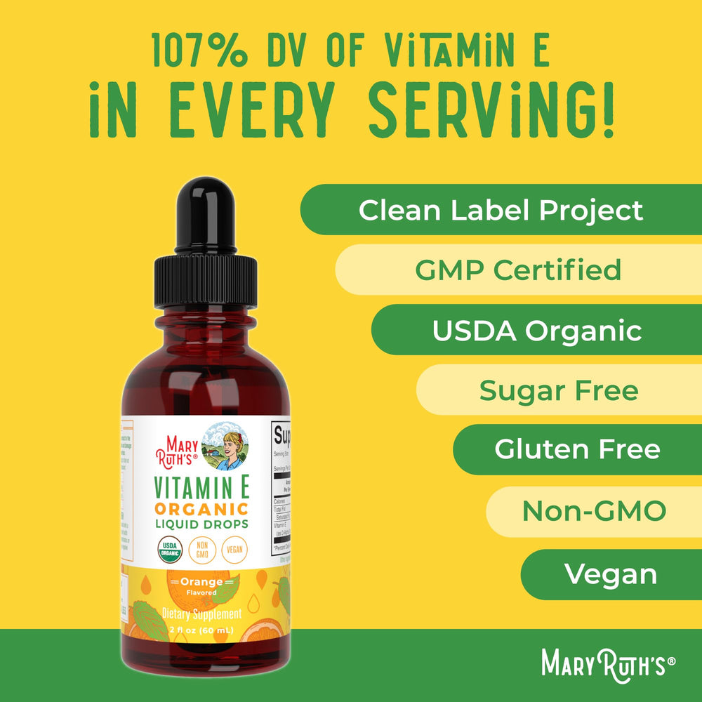 USDA Organic and non-GMO assurance on the Vitamin E Drops bottle.