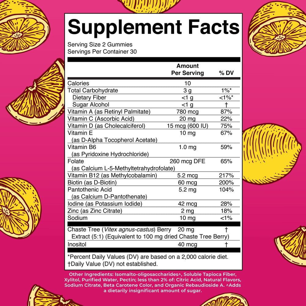 MARYRUTH'S bottle label close-up showing vegan, sugar-free gummy formula.