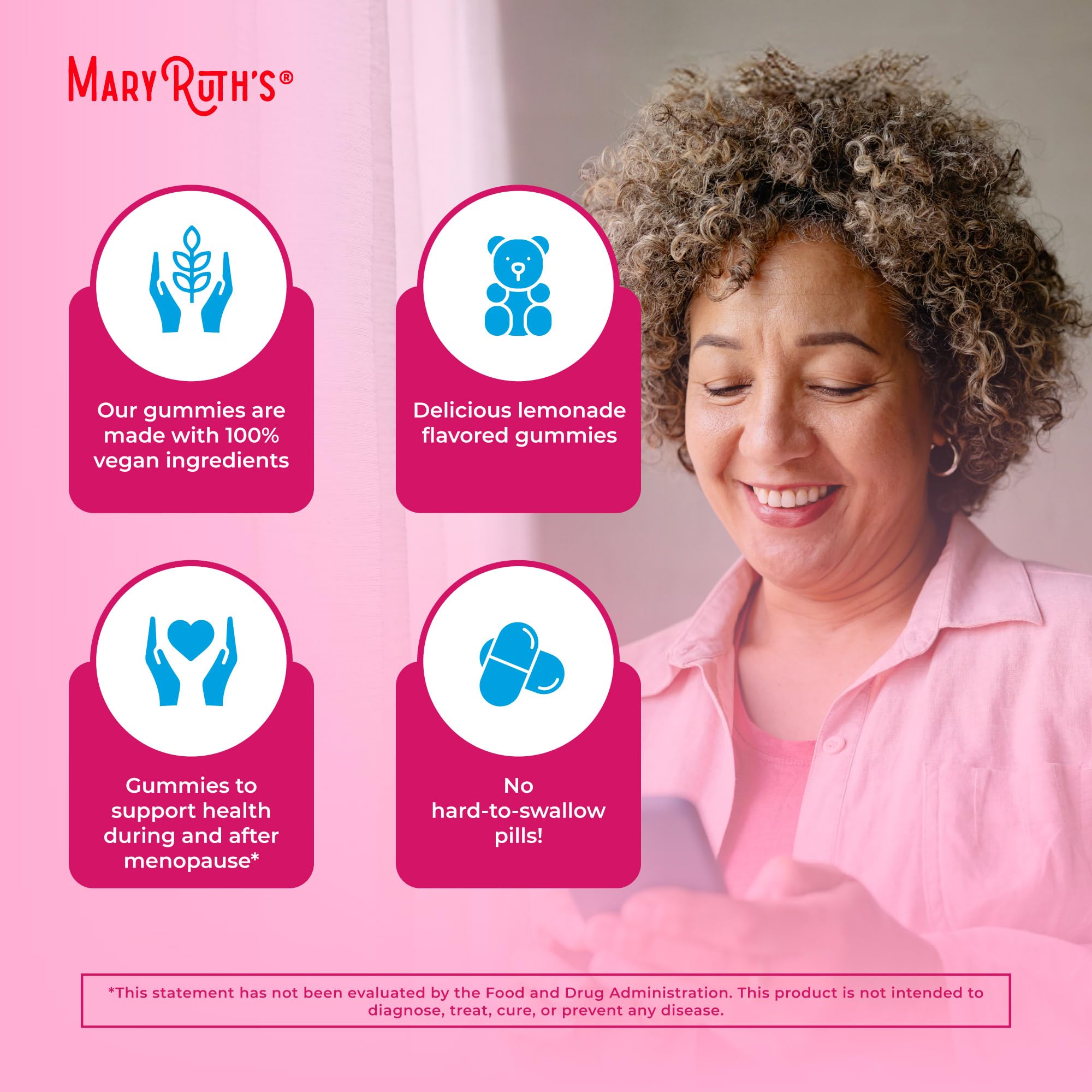 MARYRUTH'S vegan packaging emphasizes non-GMO, pectin-based gummies.
