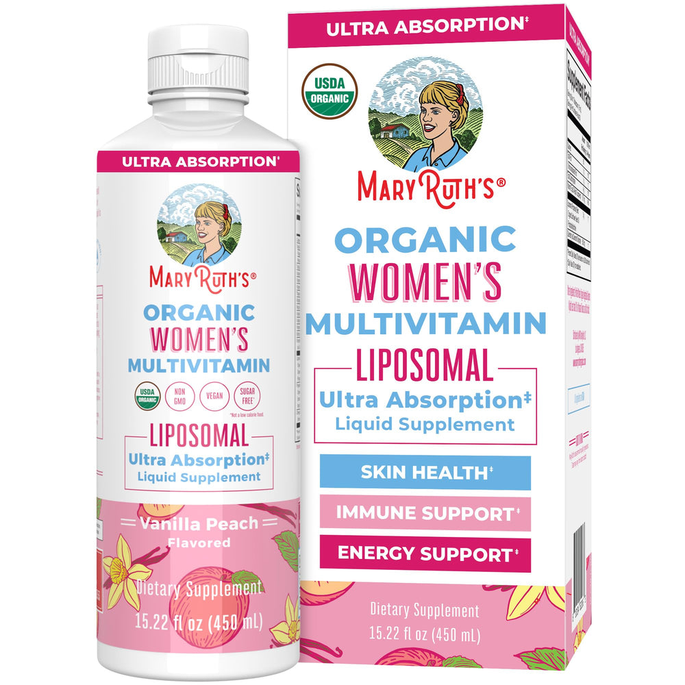 MaryRuth's Women multivitamin bottle with vanilla peach flavor for daily energy