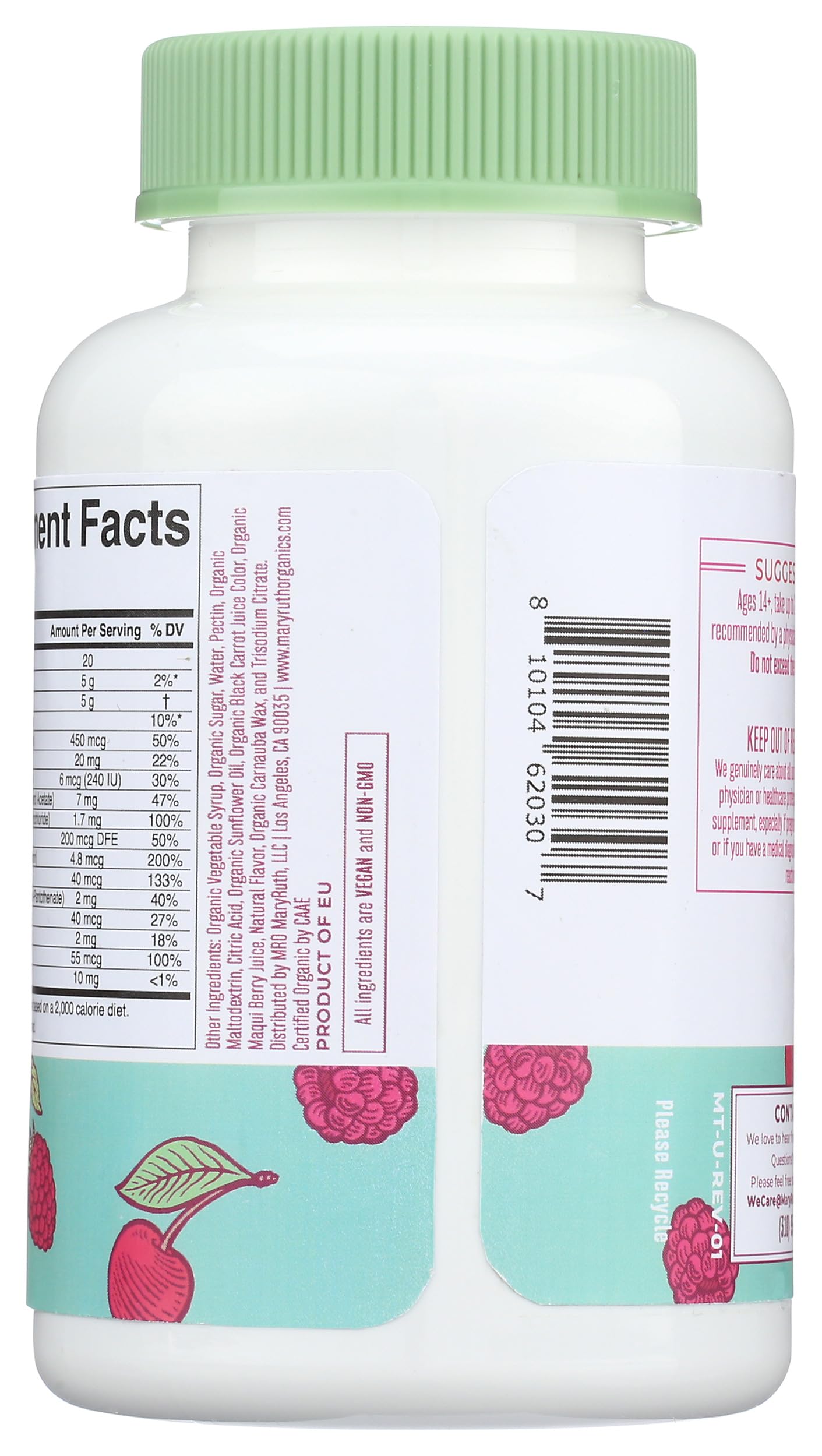 MaryRuth's gummies ingredient panel highlights B vitamins for metabolism and energy.