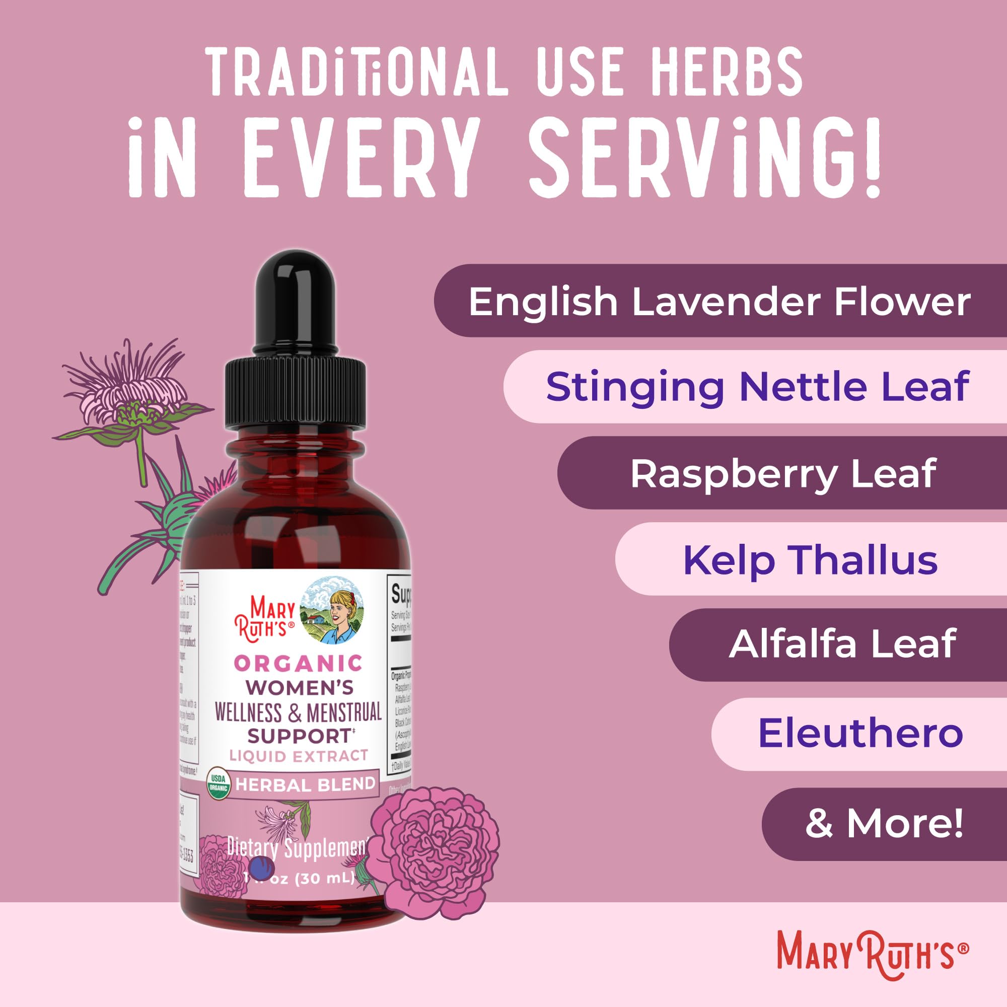 Ingredients panel of MaryRuth's Wellness Drops highlights traditional botanicals.